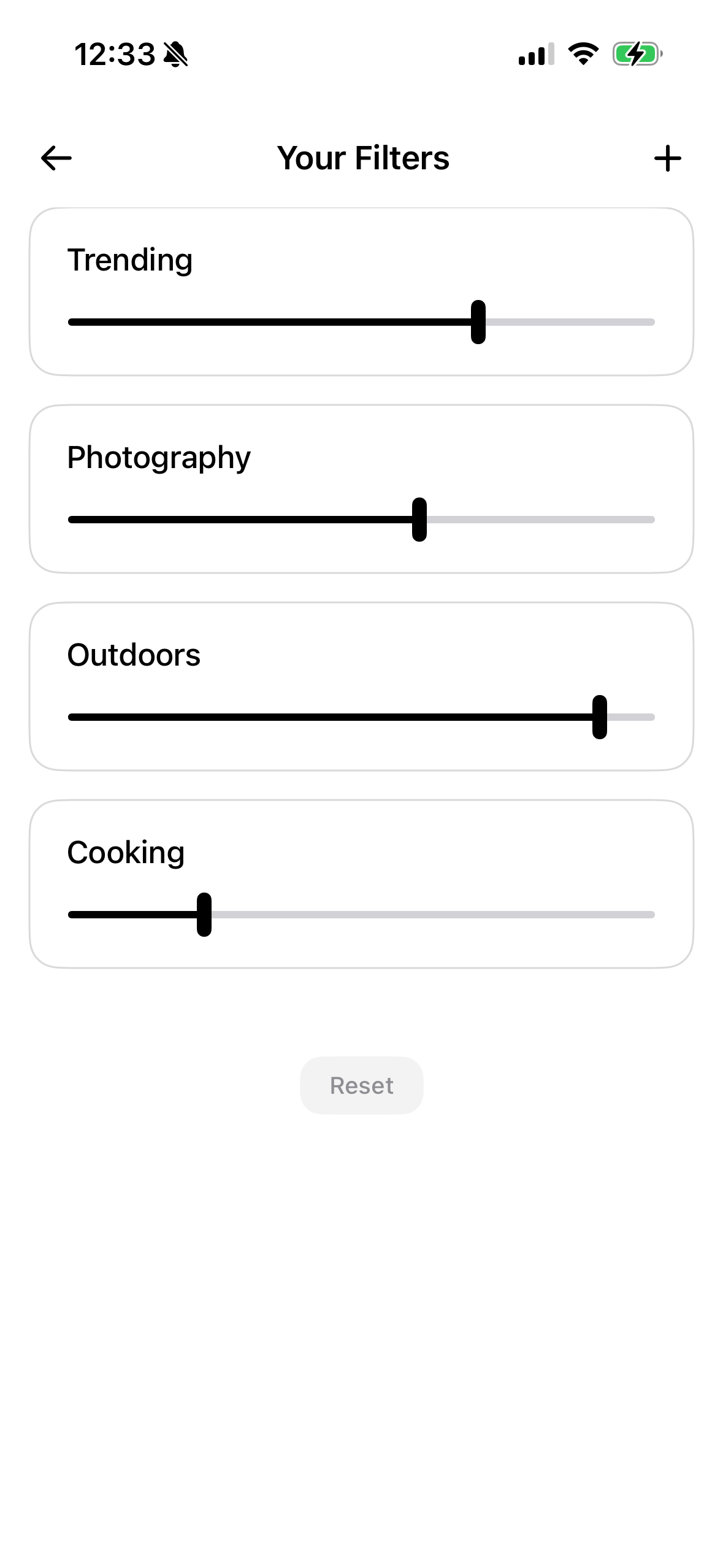 Dojo content filter menu with topic sliders for user-controlled feeds